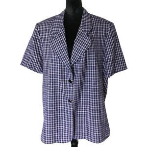 Tofy Tweed Blazer: Vintage 70s Short Sleeve Unlined Jacket Navy Plaid, Size 22